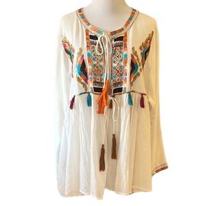 RD & KOKO BOHO EMBROIDERED AND BEADED TASSELED TIE FRONT TOP WHITE MULTI SIZE L
